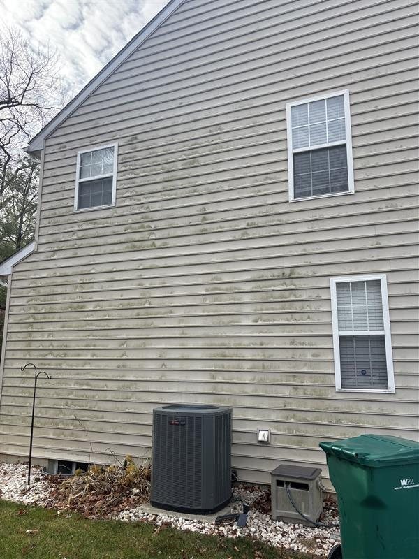 Gray vinyl siding on a two-story Nashville home with a faint green film of algae